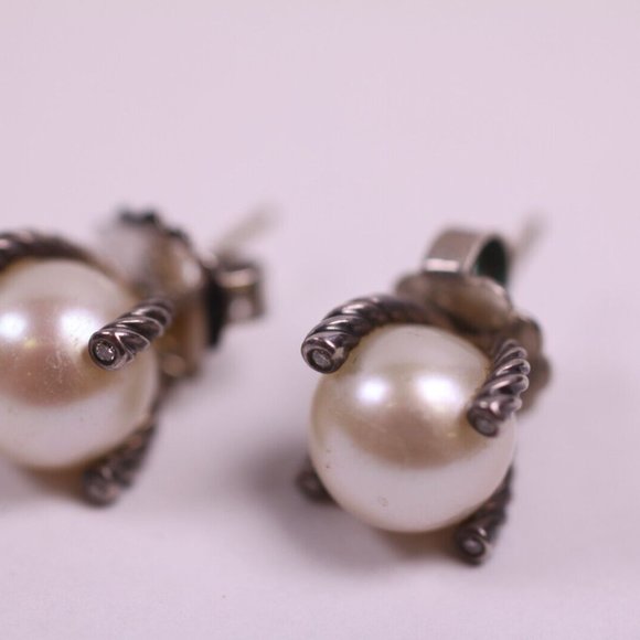 David Yurman Pearl Diamond 925 Sterling Silver Cable Stud Earrings 9.5mm (R721) - Picture 4 of 5